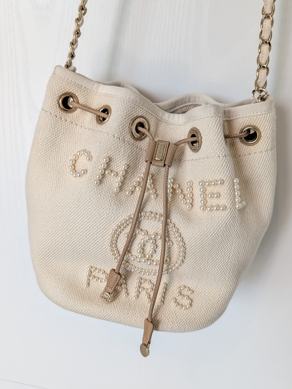 Chanel Beige Pearl Deauville Drawstring Bucket Bag